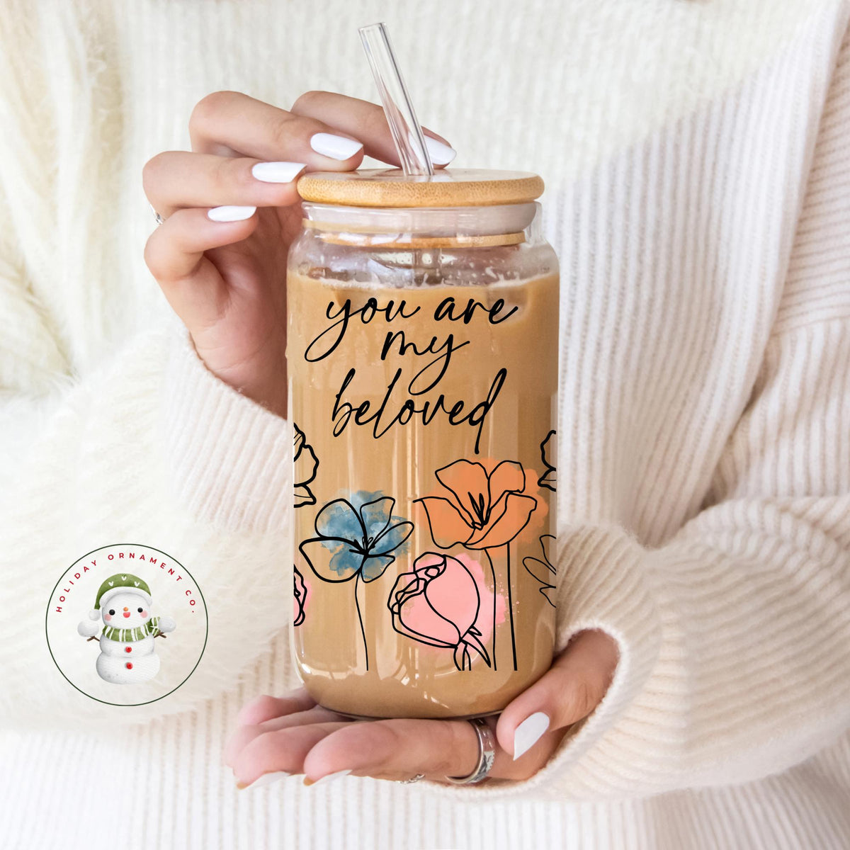 Floral Glass Tumbler Cup: 'you Are My Beloved' Iced Coffee Cup
