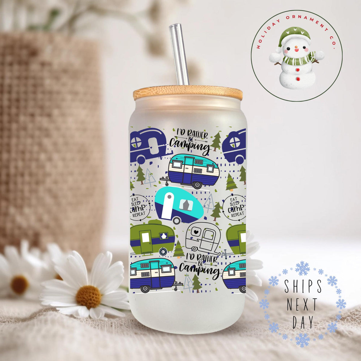 Camping Life Glass Tumbler With Lid & Straw (16oz/20oz)