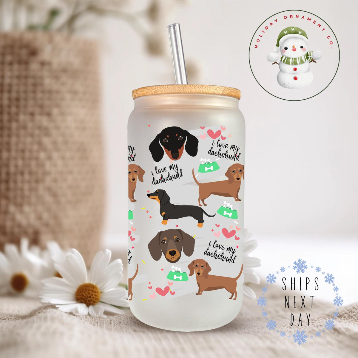 Dachshund Puppy Glass Tumbler With Bamboo Lid (16oz/20oz)