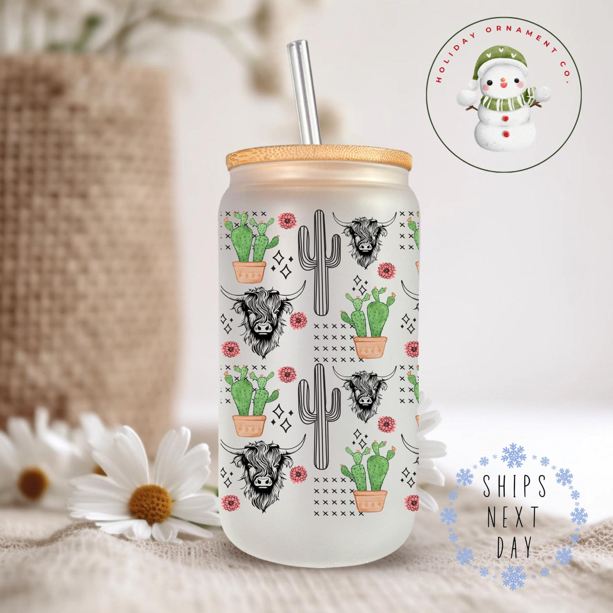 Cactus Steer Glass Tumbler Cup: Farm Life Iced Coffee Cup