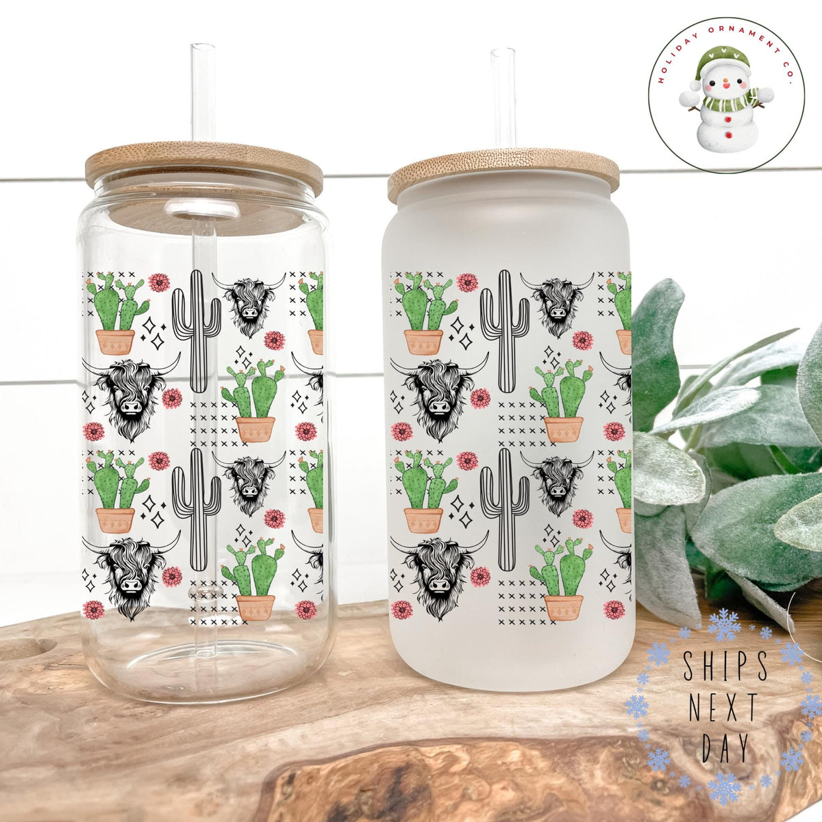 Cactus Steer Glass Tumbler Cup: Farm Life Iced Coffee Cup