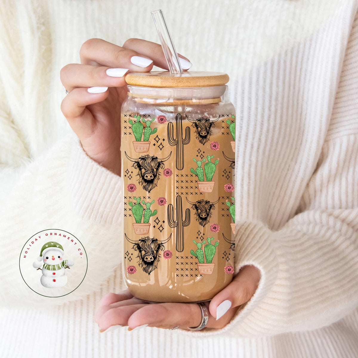 Cactus Steer Glass Tumbler Cup: Farm Life Iced Coffee Cup