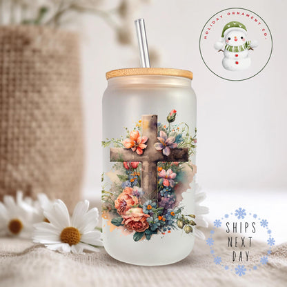 Christian Glass Libbey Cup: Religious Iced Coffee Tumbler With Bamboo Lid