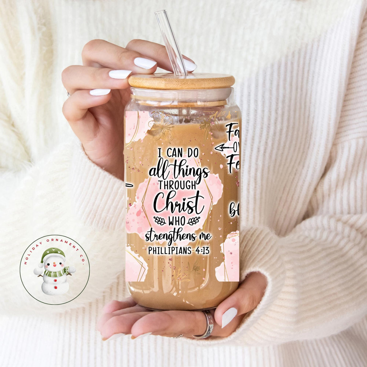 I Can Do All Things Through Christ Glass Libbey Cup | Christian Religious Iced Coffee Cup | 16 Oz/20 Oz | Custom Gifts For Her | Bible Study