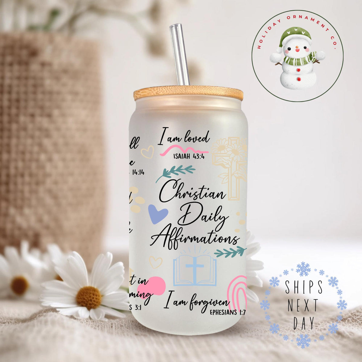 Christian Affirmations Glass Iced Coffee Cup With Lid & Straw