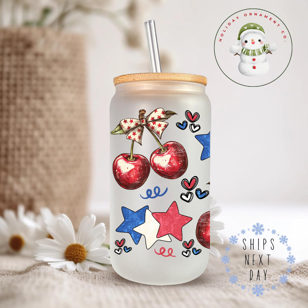 Watercolor Cherries & Stars Glass Tumbler With Bamboo Lid