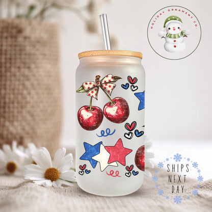 Watercolor Cherries & Stars Glass Tumbler With Bamboo Lid