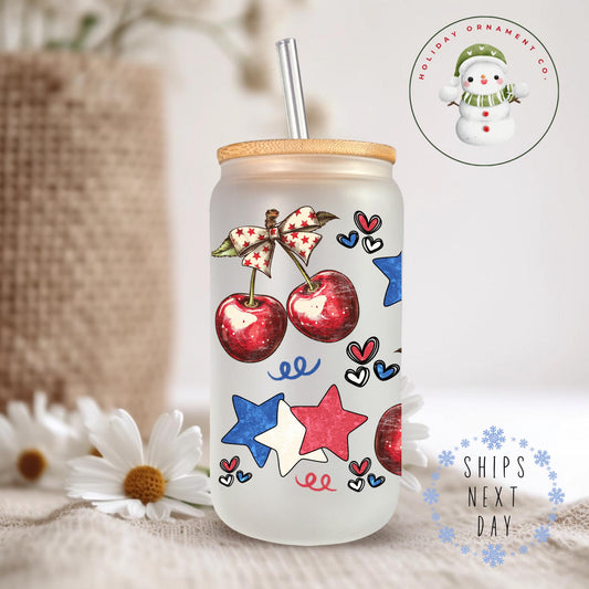 Watercolor Cherries & Stars Glass Tumbler With Bamboo Lid