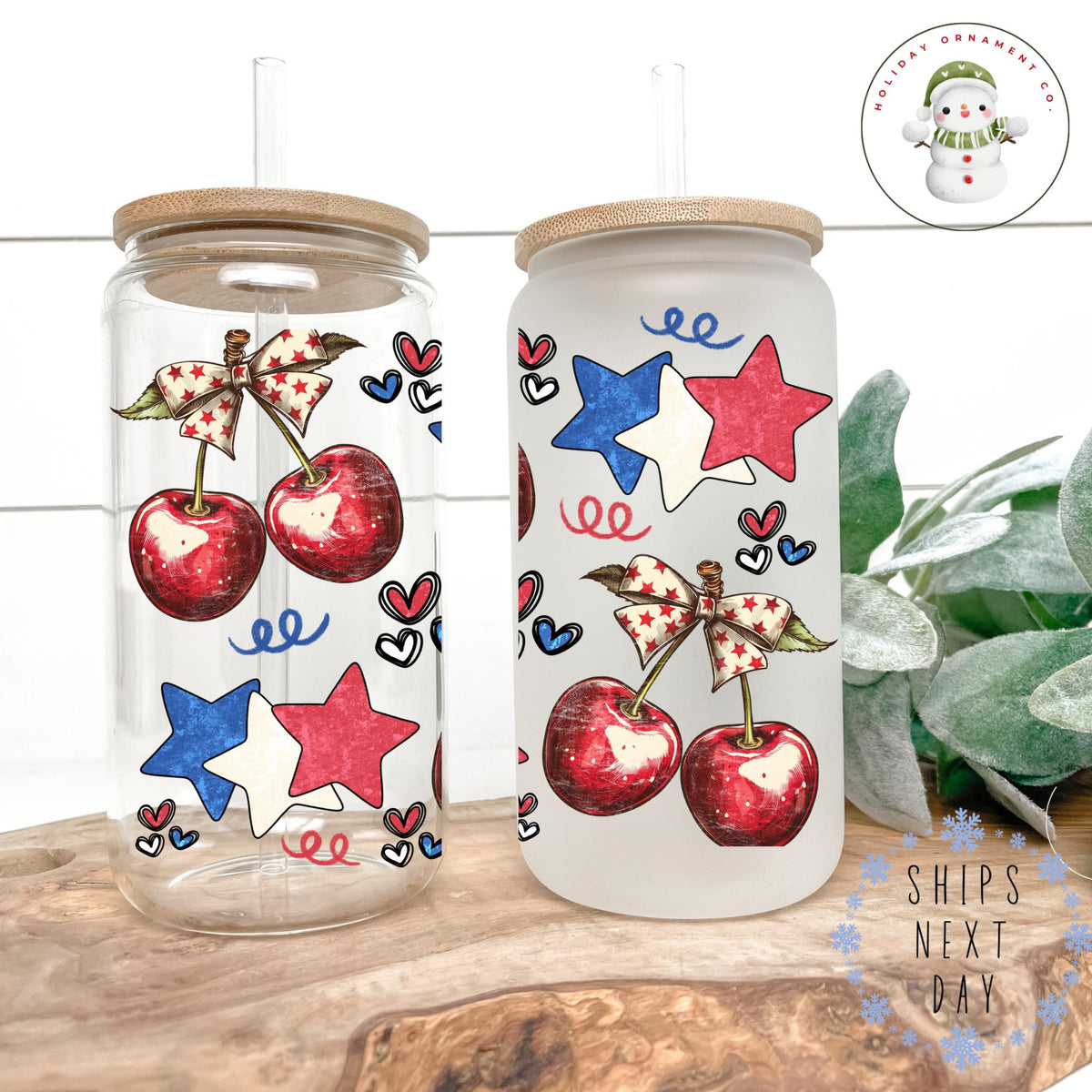 Watercolor Cherries & Stars Glass Tumbler With Bamboo Lid