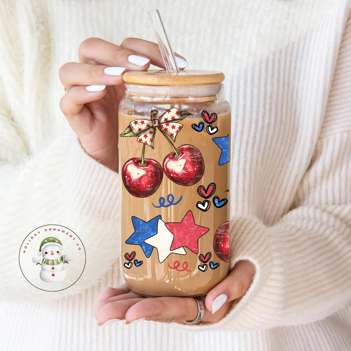 Watercolor Cherries & Stars Glass Tumbler With Bamboo Lid