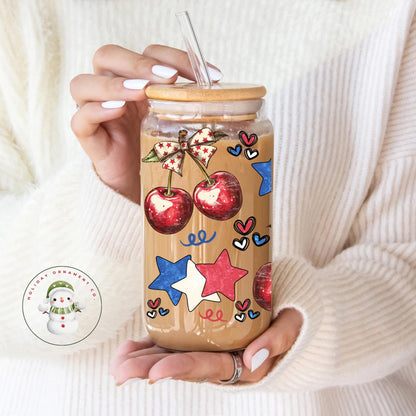 Watercolor Cherries & Stars Glass Tumbler With Bamboo Lid