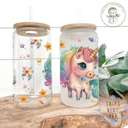 Kawaii Unicorn Rainbow Glass Libbey Cup: Anime Iced Coffee Cup