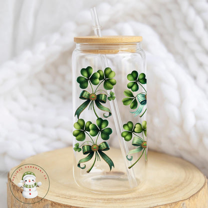 Shamrock Bow Glass Tumbler: St Patricks Day Iced Coffee Cup