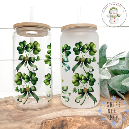 Shamrock Bow Glass Tumbler: St Patricks Day Iced Coffee Cup