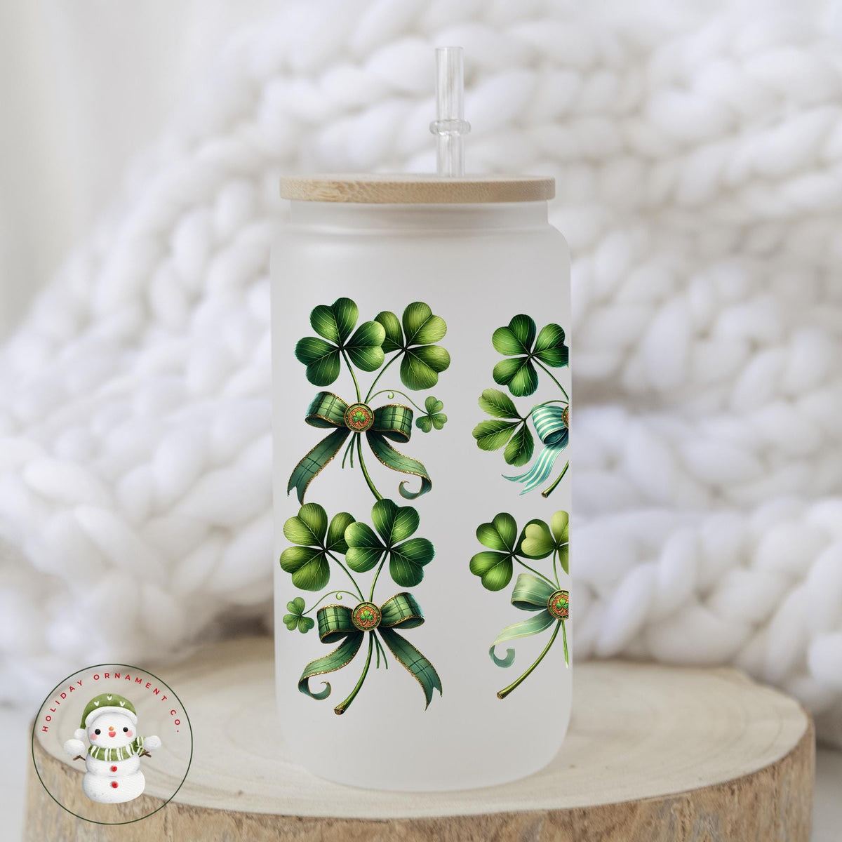 Shamrock Bow Glass Tumbler: St Patricks Day Iced Coffee Cup