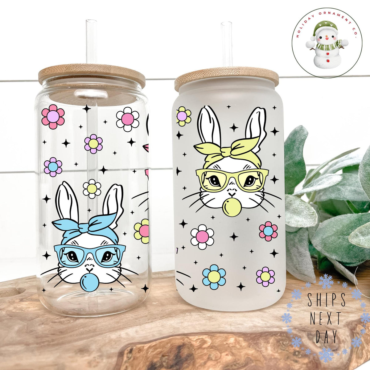 Bunny Pastel Glass Libbey Cup: Easter Iced Coffee Tumbler