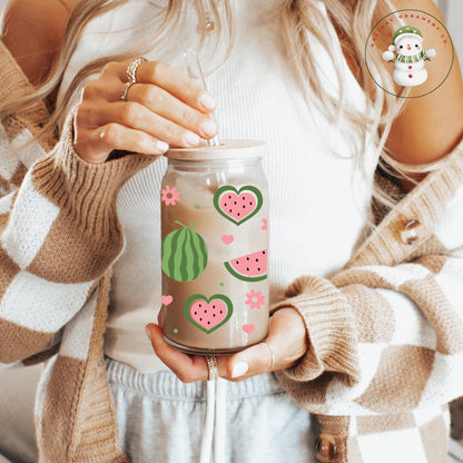 Watermelon Hearts Iced Coffee Cup: Summer Libbey Glass Tumbler