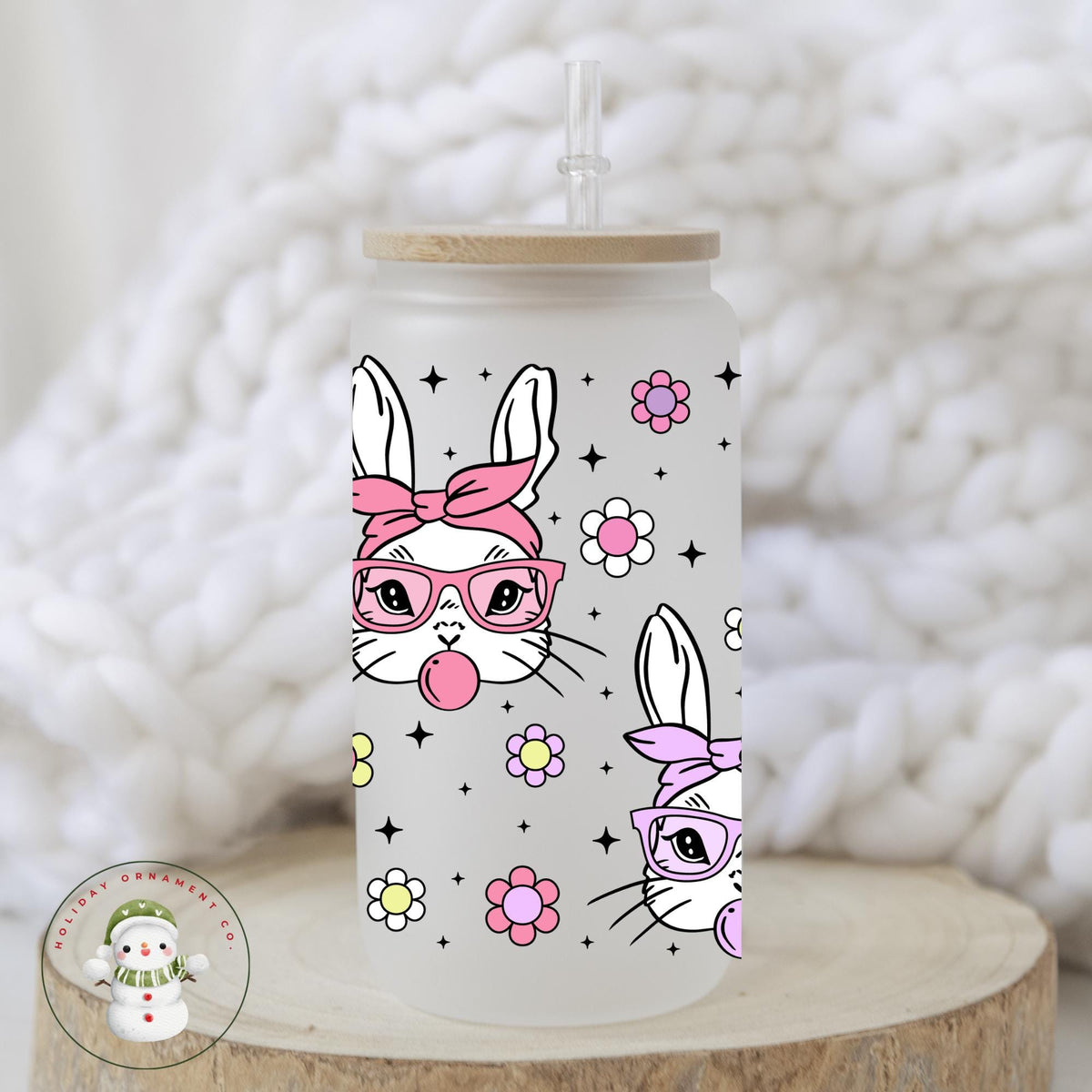 Bunny Pastel Glass Libbey Cup: Easter Iced Coffee Tumbler
