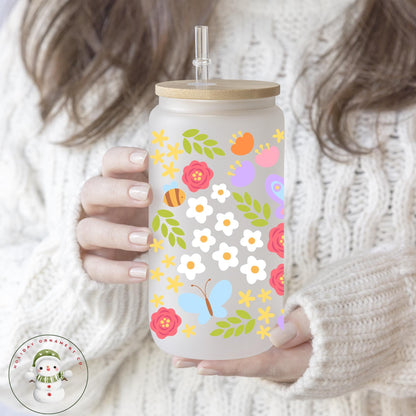 Pastel Flowers Glass Libbey Cup: Spring Iced Coffee Tumbler