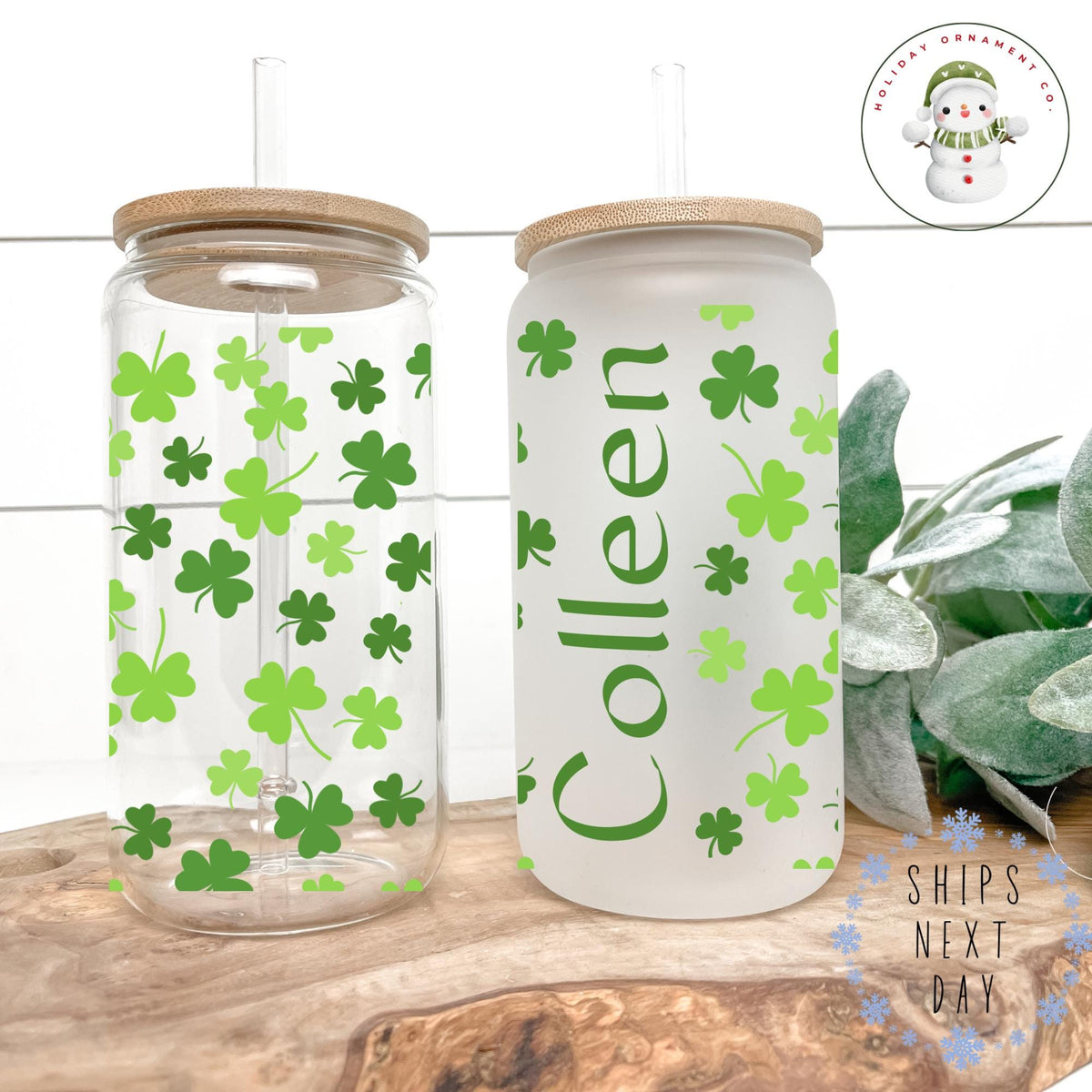 Personalized St Patricks Day Shamrock Glass Tumbler Cup