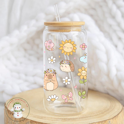 Spring Capybara Glass Libbey Cup | Cute Animal Iced Coffee Cup | 16 Oz/20 Oz | Party Favors | Gift For Her