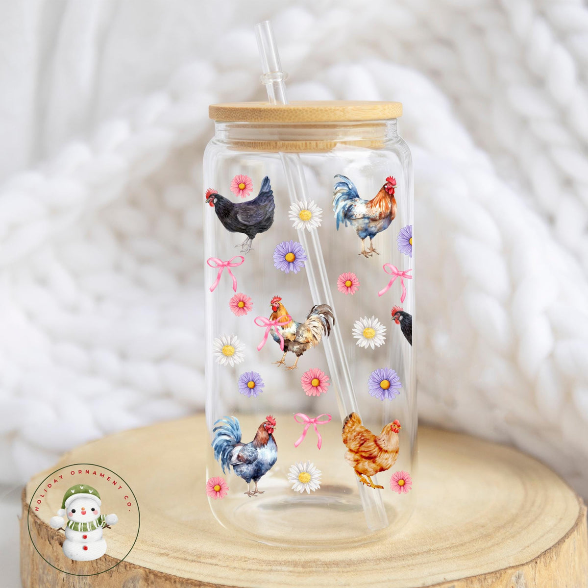 Chicken & Daisies Libbey Glass Cup: Iced Coffee Tumbler