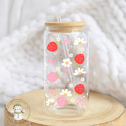 Strawberry Glass Libbey Cup: Iced Coffee Tumbler With Bamboo Lid