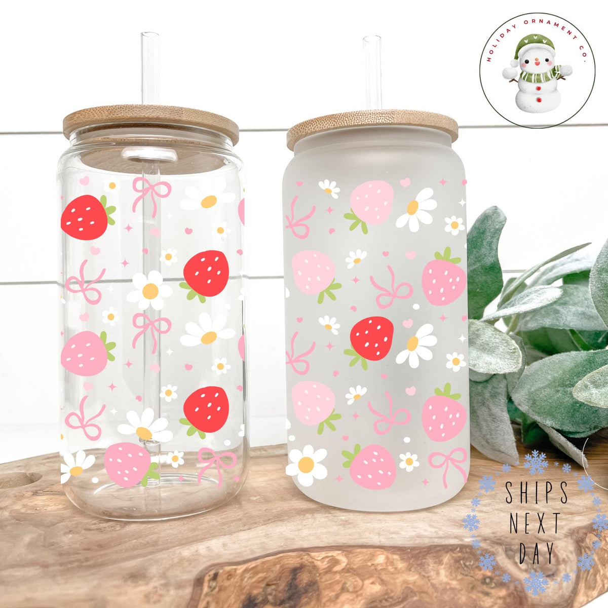 Strawberry Glass Libbey Cup: Iced Coffee Tumbler With Bamboo Lid