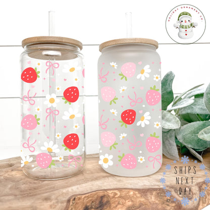 Strawberry Glass Libbey Cup: Iced Coffee Tumbler With Bamboo Lid