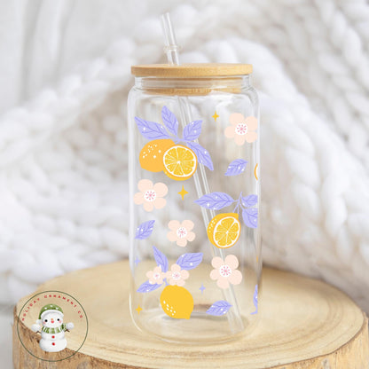 Lemon & Flower Glass Libbey Cup: Iced Coffee Tumbler With Bamboo Lid