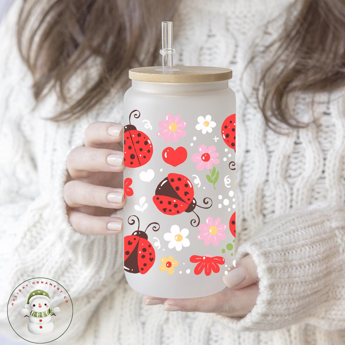 Floral Ladybug Libbey Glass Cup: Summer Iced Coffee Tumbler