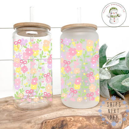 Pastel Bows & Flowers Glass Iced Coffee Cup - Spring Libbey Cup