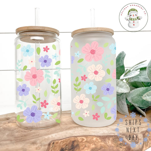 Floral Iced Coffee Cup: Pastel Flowers Libbey Glass Tumbler