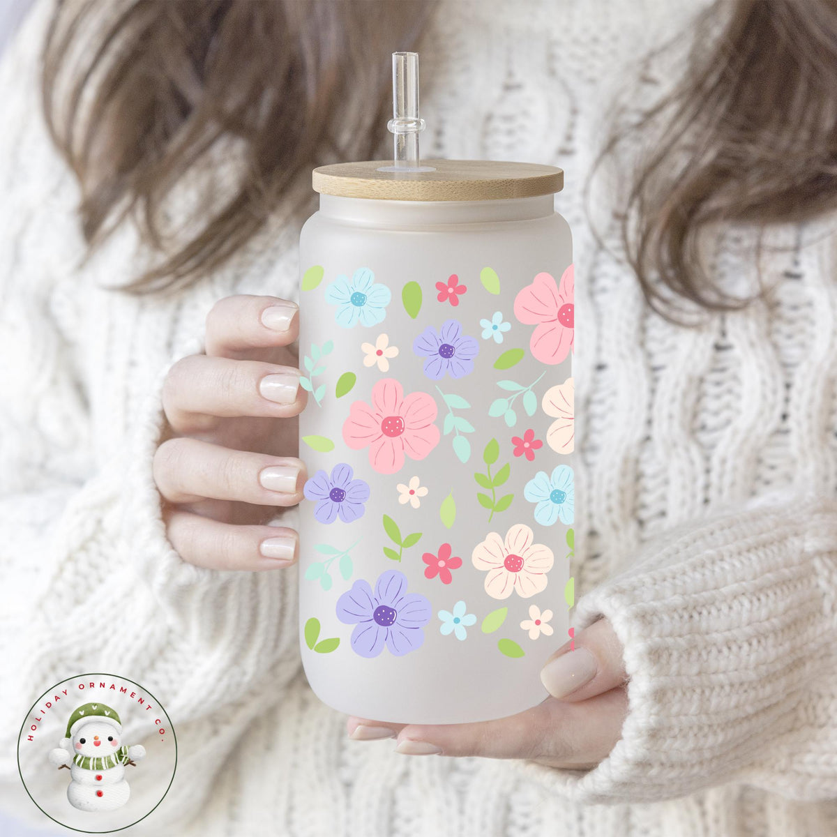 Floral Iced Coffee Cup: Pastel Flowers Libbey Glass Tumbler