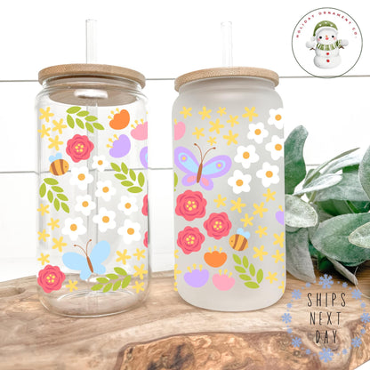 Pastel Flowers Glass Libbey Cup: Spring Iced Coffee Tumbler