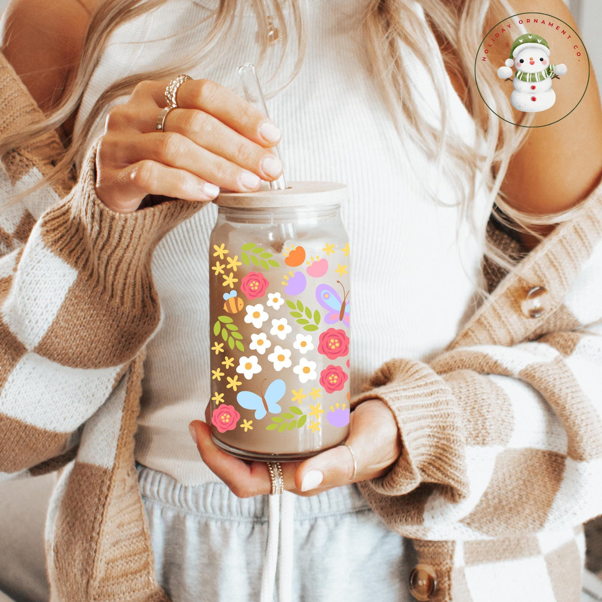 Pastel Flowers Glass Libbey Cup: Spring Iced Coffee Tumbler