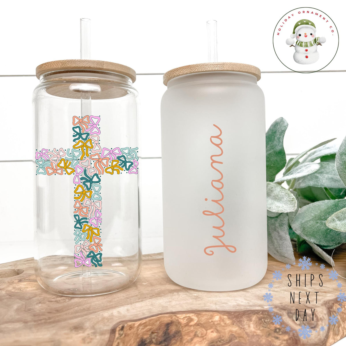 Personalized Bow Cross Glass Libbey Cup: Easter Iced Coffee Cup