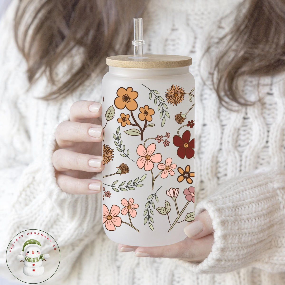Boho Wildflower Glass Tumbler With Bamboo Lid & Straw (16/20 Oz)