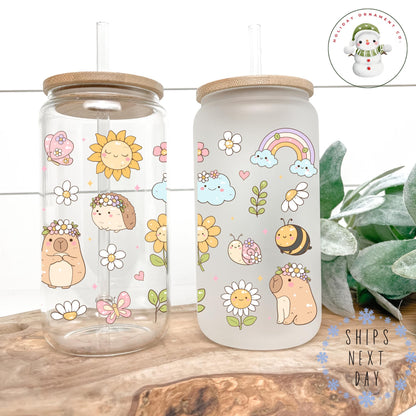 Spring Capybara Glass Libbey Cup | Cute Animal Iced Coffee Cup | 16 Oz/20 Oz | Party Favors | Gift For Her
