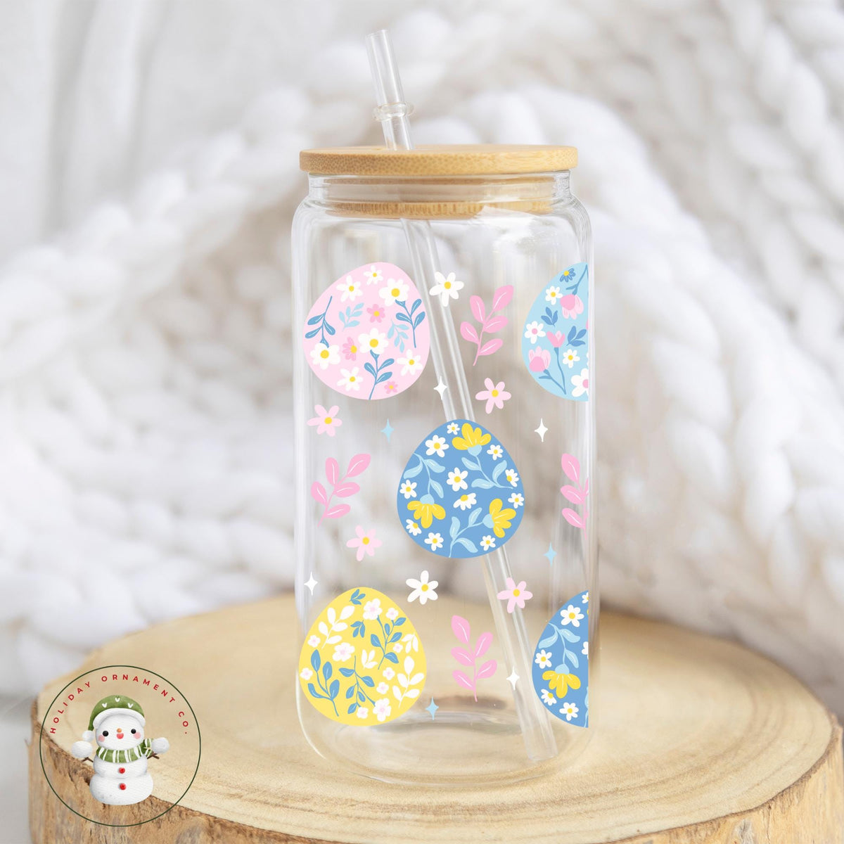 Floral Easter Egg Glass Libbey Cup: Iced Coffee Tumbler (16oz/20oz)