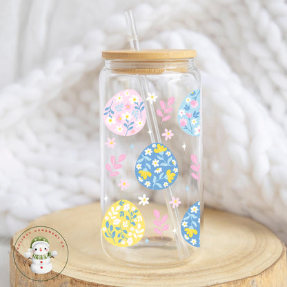 Floral Easter Egg Glass Libbey Cup: Iced Coffee Tumbler (16oz/20oz)