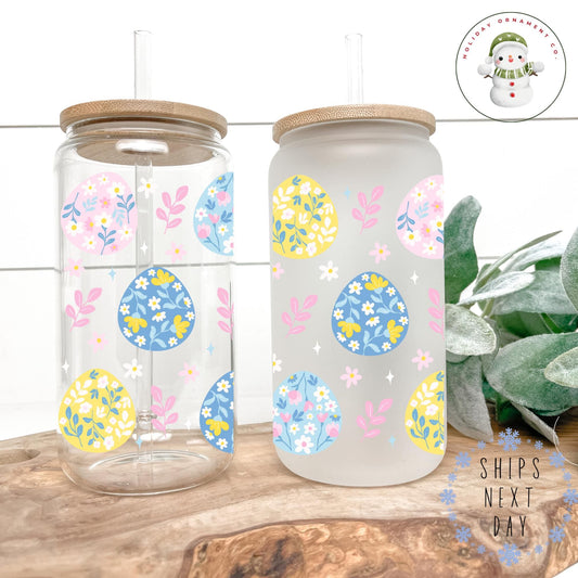 Floral Easter Egg Glass Libbey Cup: Iced Coffee Tumbler (16oz/20oz)