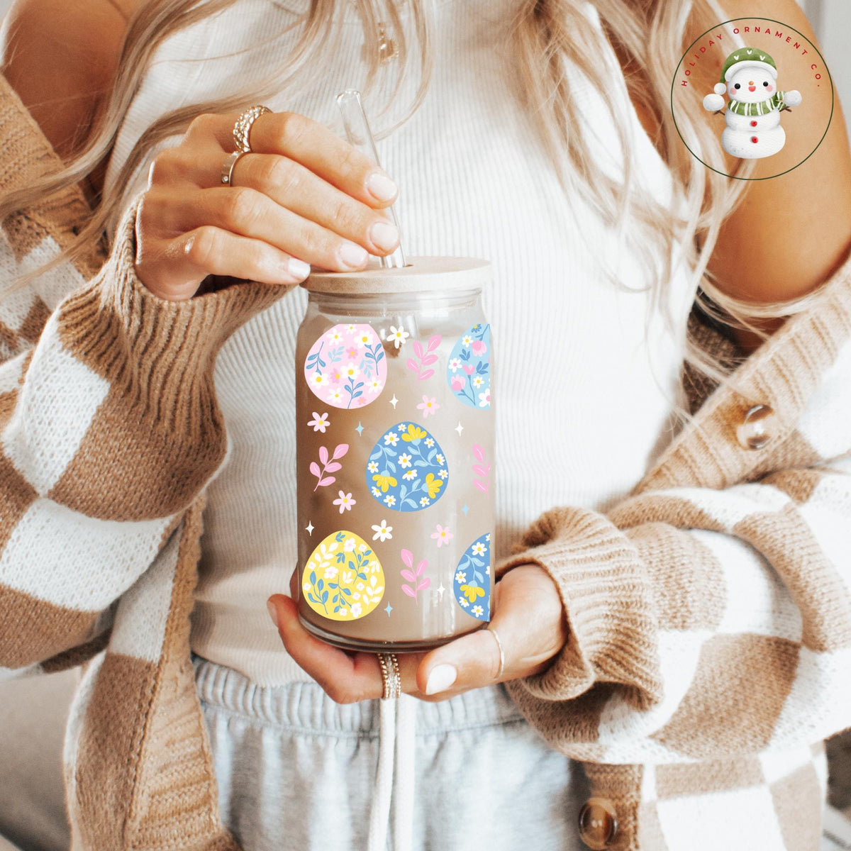 Floral Easter Egg Glass Libbey Cup: Iced Coffee Tumbler (16oz/20oz)