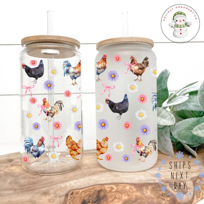 Chicken & Daisies Libbey Glass Cup: Iced Coffee Tumbler