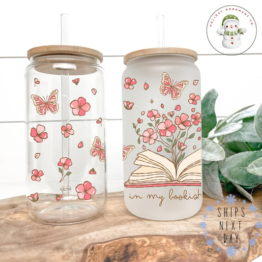 Bookish Era Glass Libbey Cup: Flowers & Butterflies Iced Coffee Cup