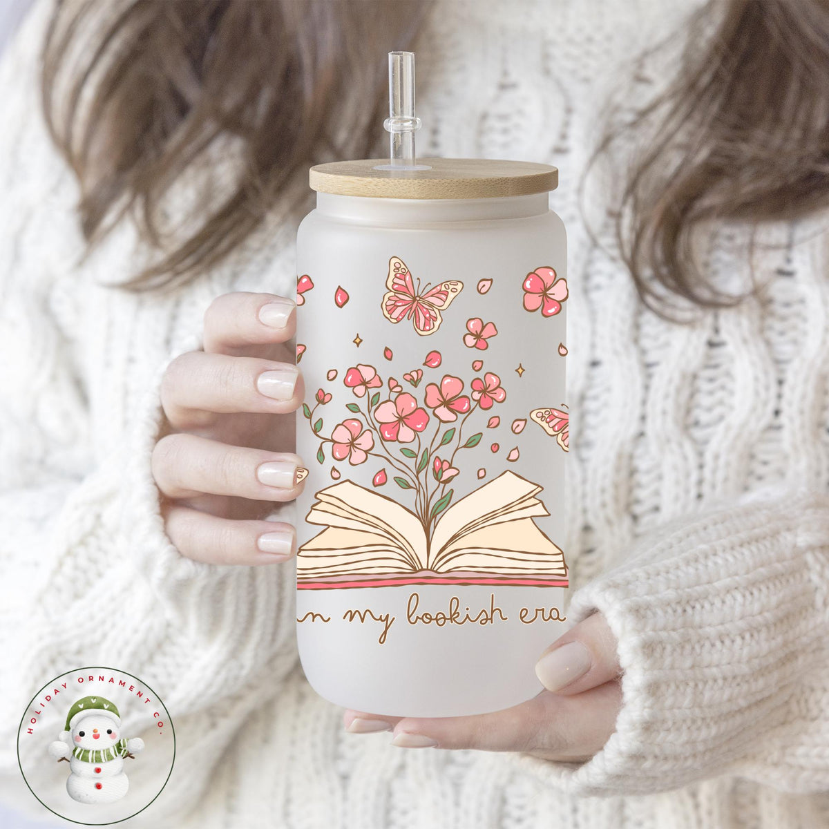 Bookish Era Glass Libbey Cup: Flowers & Butterflies Iced Coffee Cup