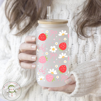 Strawberry Glass Libbey Cup: Iced Coffee Tumbler With Bamboo Lid