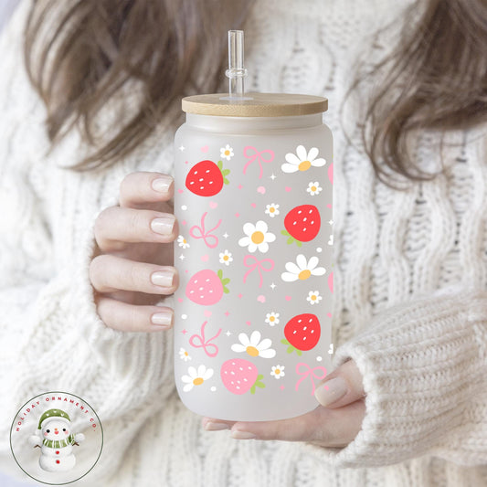 Strawberry Glass Libbey Cup: Iced Coffee Tumbler With Bamboo Lid
