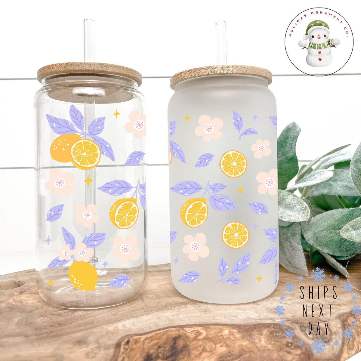 Lemon & Flower Glass Libbey Cup: Iced Coffee Tumbler With Bamboo Lid