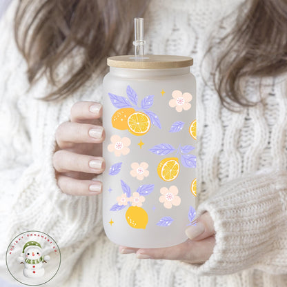 Lemon & Flower Glass Libbey Cup: Iced Coffee Tumbler With Bamboo Lid